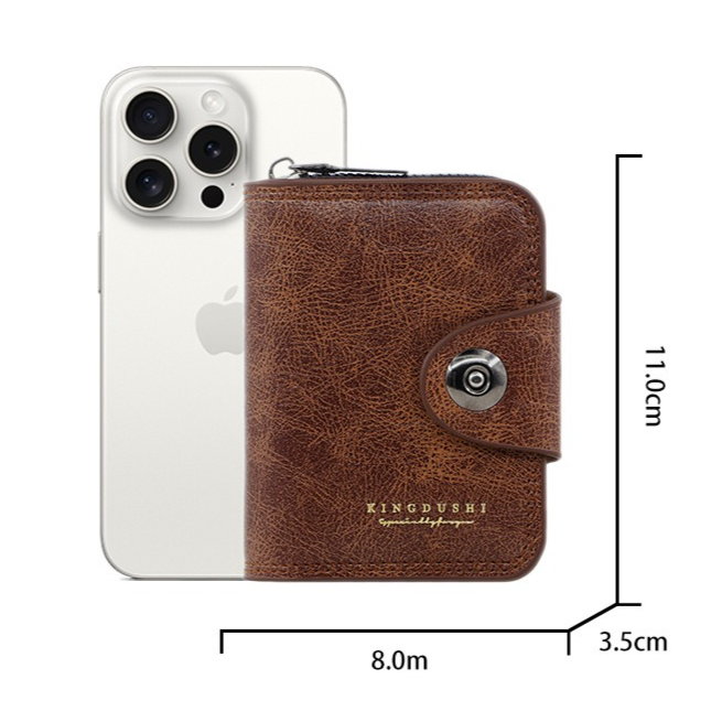 Vintage Waxed PU Leather Card Holder Wallet, Snap Button Zipper Coin Purse, Multi-Card Slot Mini Credit Card Case for Men and Women (Dark Brown)