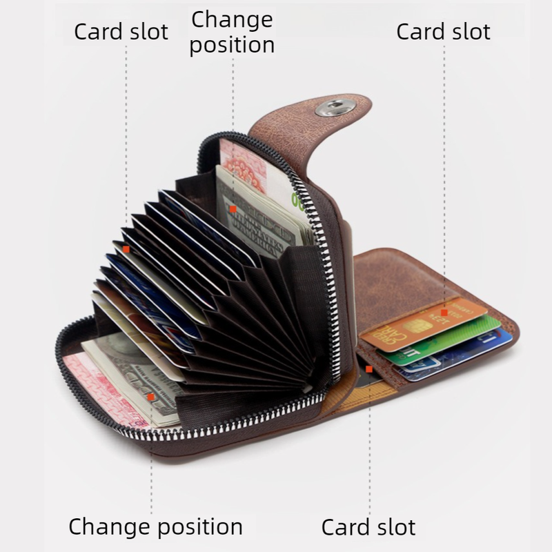 Vintage Waxed PU Leather Card Holder Wallet, Snap Button Zipper Coin Purse, Multi-Card Slot Mini Credit Card Case for Men and Women (Brown)