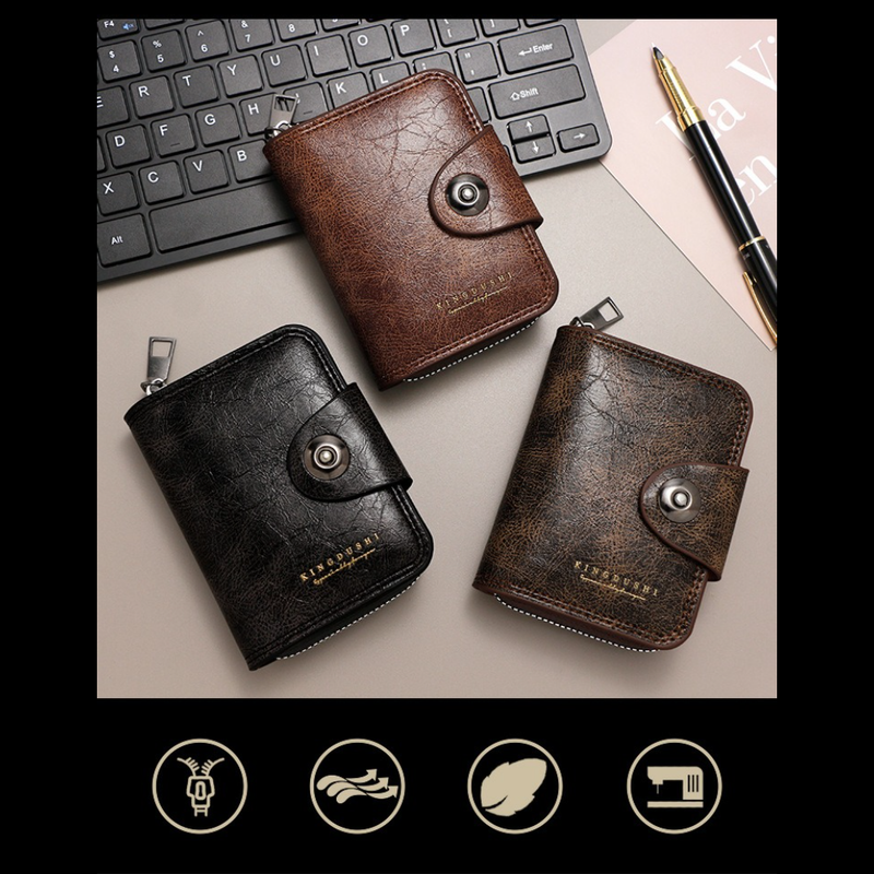 Vintage Waxed PU Leather Card Holder Wallet, Snap Button Zipper Coin Purse, Multi-Card Slot Mini Credit Card Case for Men and Women (Brown)