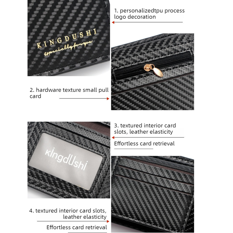 Men's Short Bifold Carbon Fiber Texture PU Wallet, Multi-Card Slot Purse with Zipper Coin Pocket & ID Photo Window for Daily Use (Black)