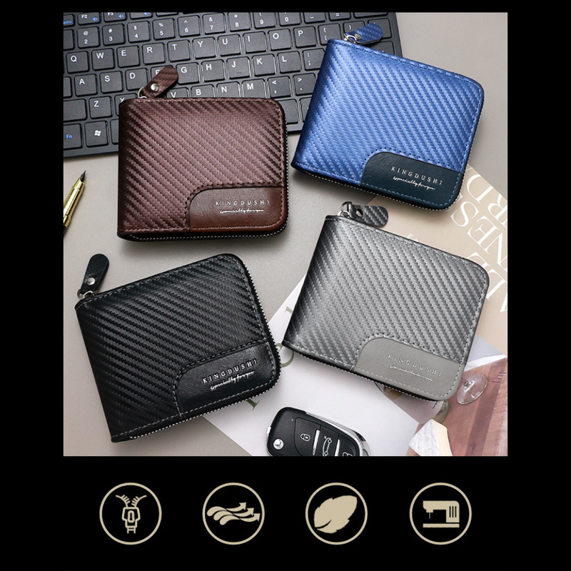 Full-Zip Carbon Fiber PU Wallet for Men, Multi-Card Slot Snap Coin Purse with ID Photo Window - Black