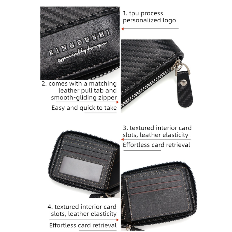 Full-Zip Carbon Fiber PU Wallet for Men, Multi-Card Slot Snap Coin Purse with ID Photo Window - Dark Brown