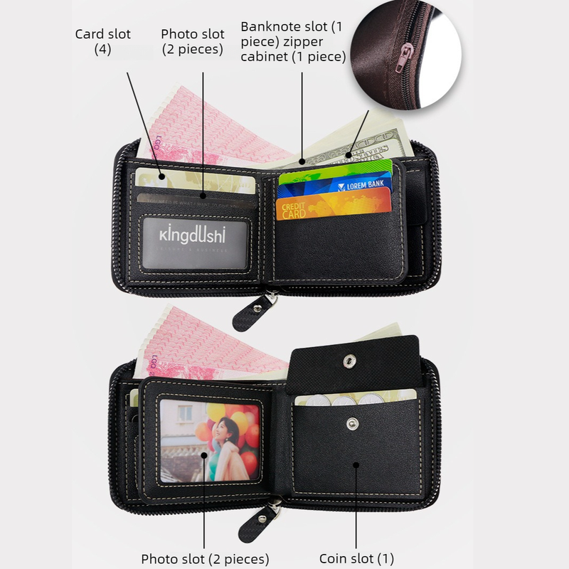 Full-Zip Carbon Fiber PU Wallet for Men, Multi-Card Slot Snap Coin Purse with ID Photo Window - Silver