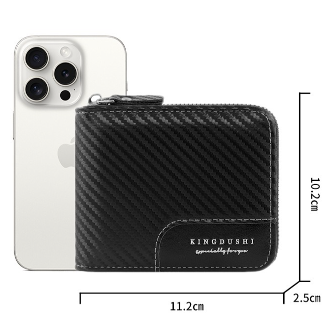 Full-Zip Carbon Fiber PU Wallet for Men, Multi-Card Slot Snap Coin Purse with ID Photo Window - Silver