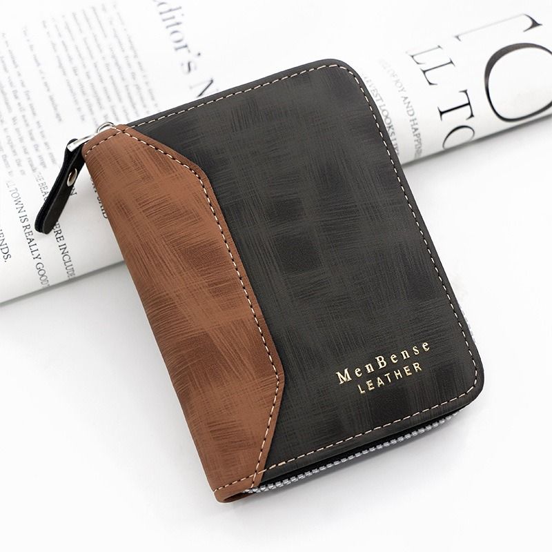 Two-tone Patchwork PU Zip-Around Short Wallet for Men, Embossed Letter Multi-Card Slot Purse with Dual Coin Pockets & ID Photo Slot (Black)