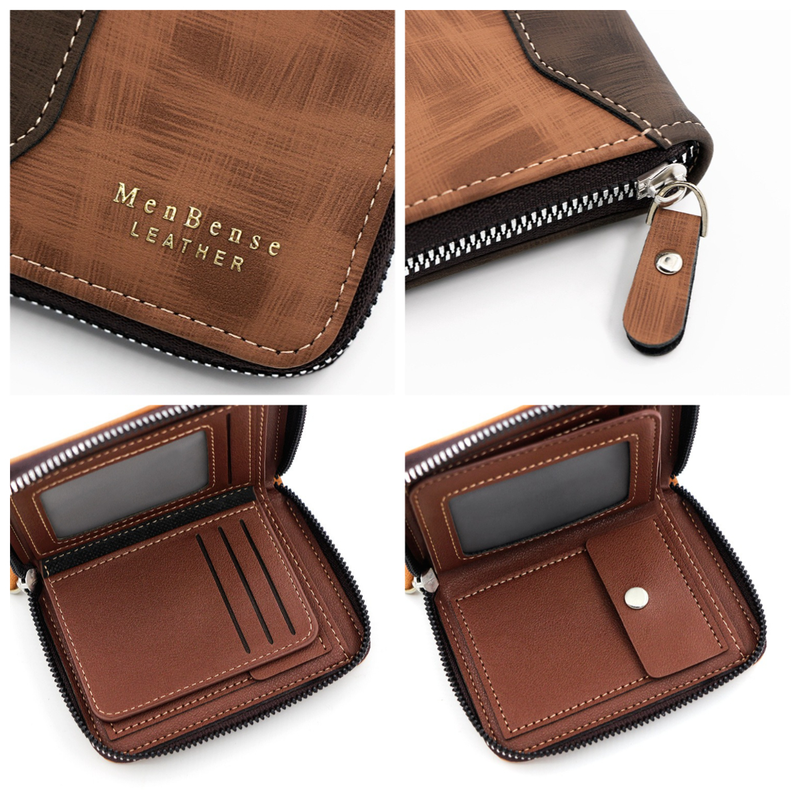 Two-tone Patchwork PU Zip-Around Short Wallet for Men, Embossed Letter Multi-Card Slot Purse with Dual Coin Pockets & ID Photo Slot (Black)