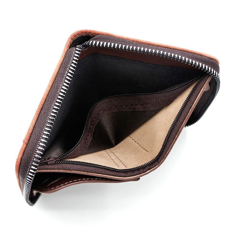 Two-tone Patchwork PU Zip-Around Short Wallet for Men, Embossed Letter Multi-Card Slot Purse with Dual Coin Pockets & ID Photo Slot (Black)