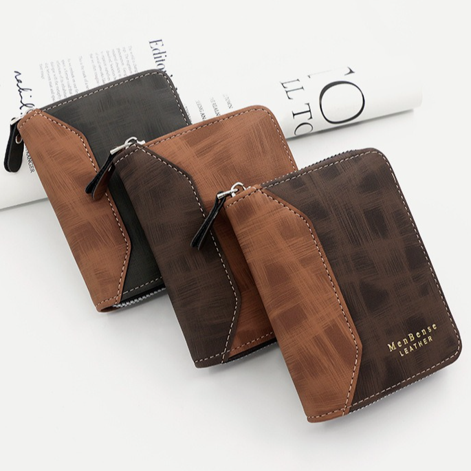Two-tone Patchwork PU Zip-Around Short Wallet for Men, Embossed Letter Multi-Card Slot Purse with Dual Coin Pockets & ID Photo Slot (Brown)