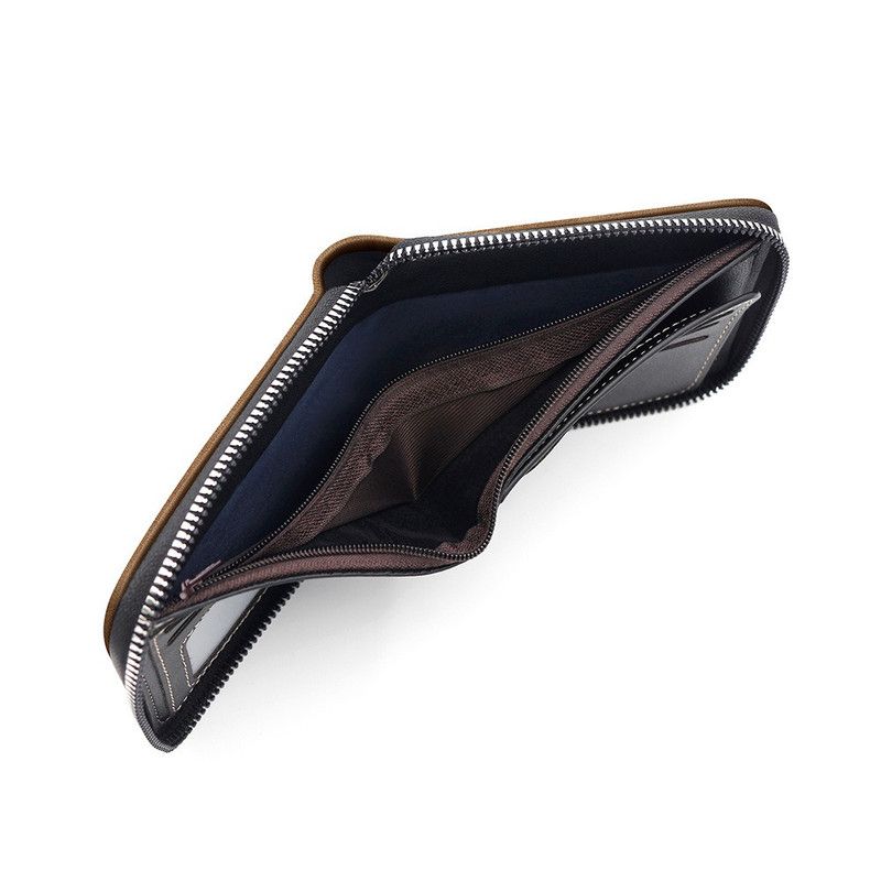 Men's Tri-fold Zip-Around Wallet, PU Leather Purse with Snap Coin Pocket & ID Photo Slot, Multi-Card Slots Business Casual Short Billfold (Black)