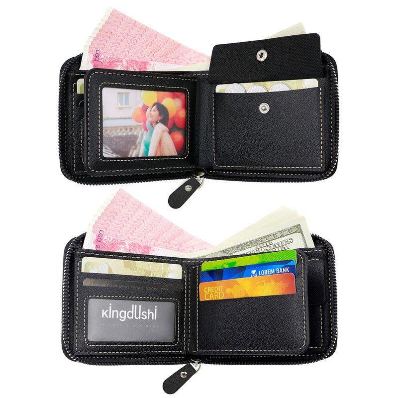 Men's Tri-fold Zip-Around Wallet, PU Leather Purse with Snap Coin Pocket & ID Photo Slot, Multi-Card Slots Business Casual Short Billfold (Brown)