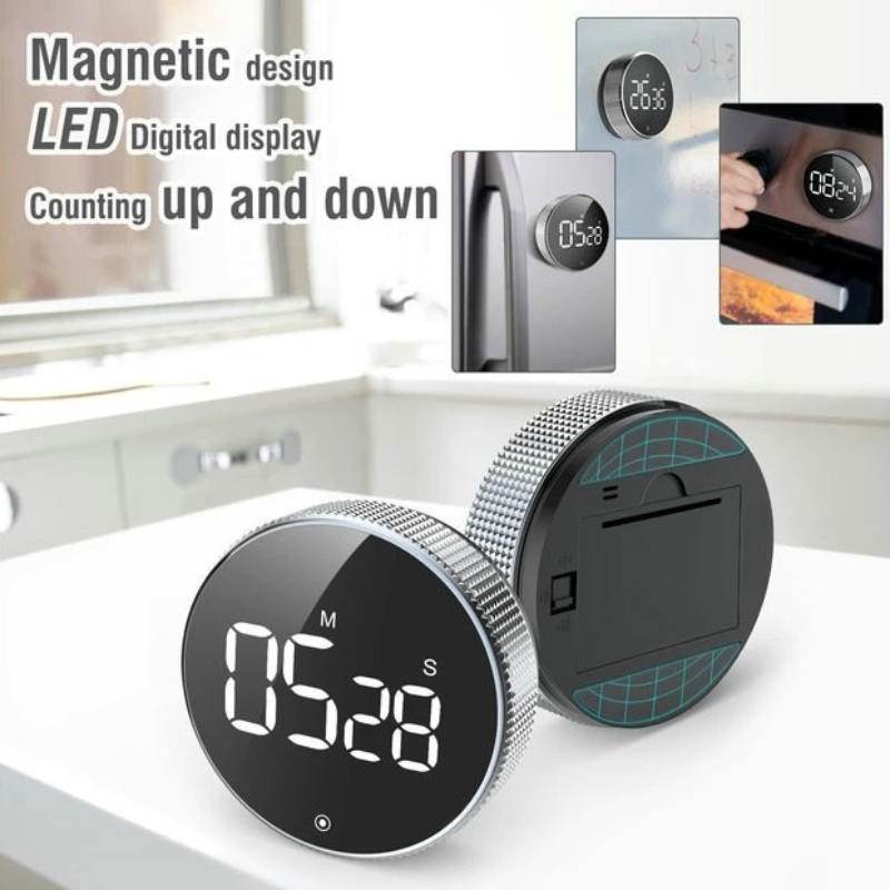 Rotating Magnetic Digital Timer, LCD Display Kitchen Timer with 3 Volume Levels, for Cooking, Studying, and Office Use—Black