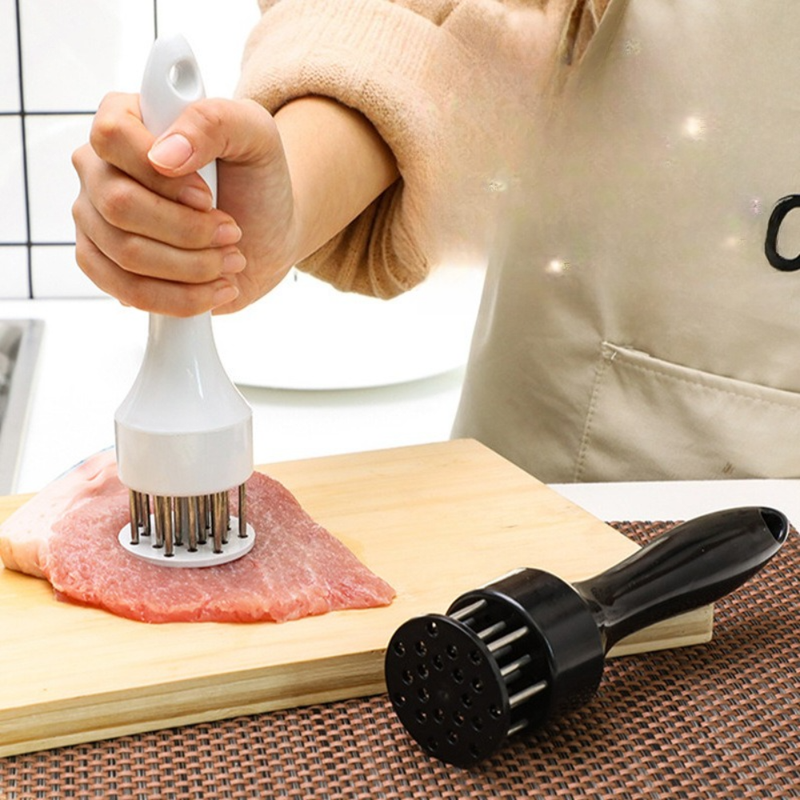 Stainless Steel Meat Tenderizer, 2.5cm Needle Pricker with Safety Guard & Automatic Rebound, for Steak, Pork, Chicken, BBQ & Marinade - White