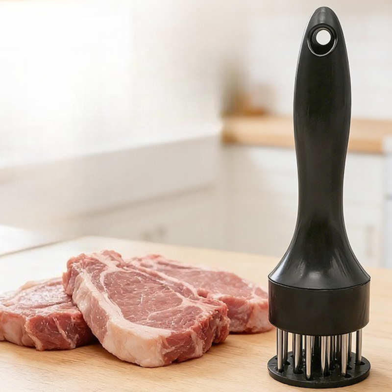 Stainless Steel Meat Tenderizer, 2.5cm Needle Pricker with Safety Guard & Automatic Rebound, for Steak, Pork, Chicken, BBQ & Marinade - Black