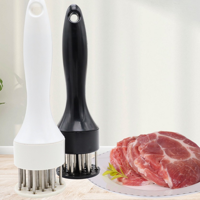 2-Pack Stainless Steel Meat Tenderizer, 2.5cm Needle Pricker with Safety Guard & Automatic Rebound, for Steak, Pork, Chicken, BBQ & Marinade - White + Black