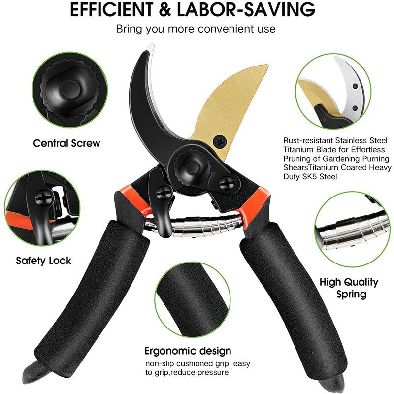 Professional Garden Pruning Shears, High Carbon Steel Blade Non-Slip Handle Labor-Saving Spring,for Fruit Trees, Flowers, Bonsai and Landscaping