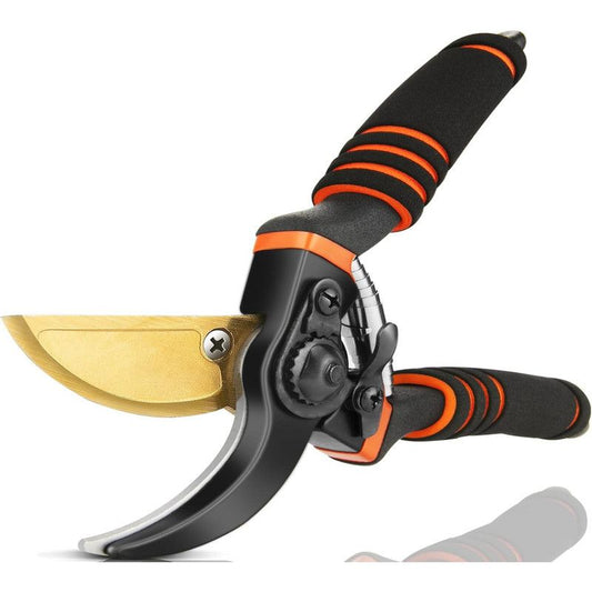Professional Garden Pruning Shears, High Carbon Steel Gold-Plated Blade with Labor-Saving Spring & Non-Slip Sponge Handle