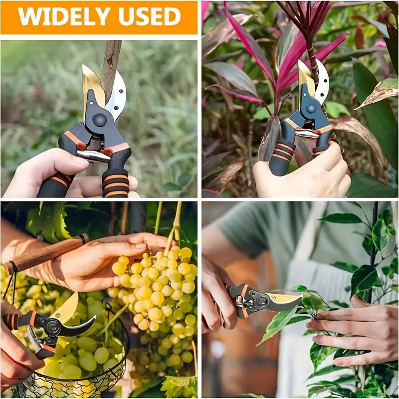 Professional Garden Pruning Shears, High Carbon Steel Gold-Plated Blade with Labor-Saving Spring & Non-Slip Sponge Handle