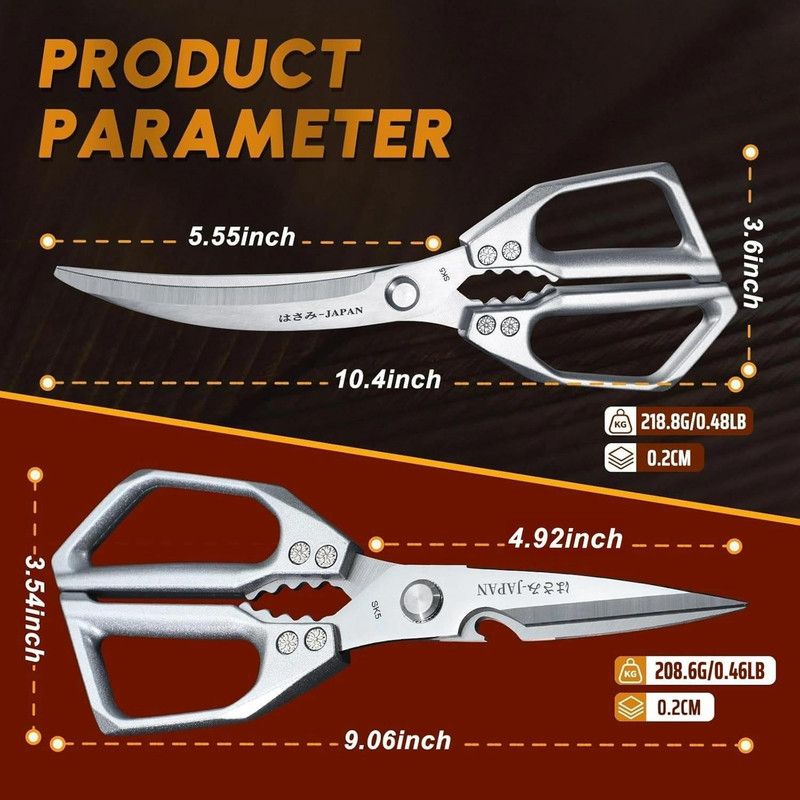 2-Pack Kitchen Scissors Set, SK5 Stainless Steel, Multi-Functional Straight & Curved Shears for Chicken Bones, BBQ, Fish, Vegetables - Black