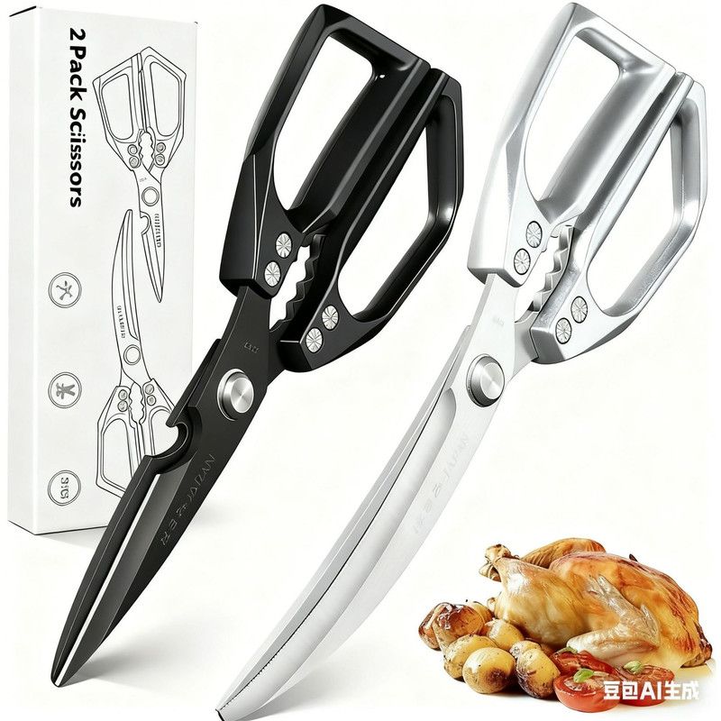 2-Pack Kitchen Scissors Set, SK5 Stainless Steel, Multi-Functional Straight & Curved Shears for Chicken Bones, BBQ, Fish, Vegetables - Black + Silver
