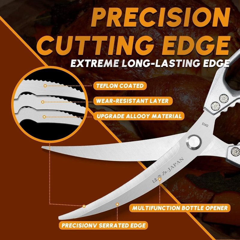 2-Pack Kitchen Scissors Set, SK5 Stainless Steel, Multi-Functional Straight & Curved Shears for Chicken Bones, BBQ, Fish, Vegetables - Silver + Black