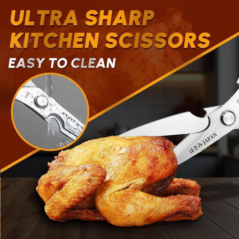 2-Pack Kitchen Scissors Set, SK5 Stainless Steel, Multi-Functional Straight & Curved Shears for Chicken Bones, BBQ, Fish, Vegetables - Silver + Black