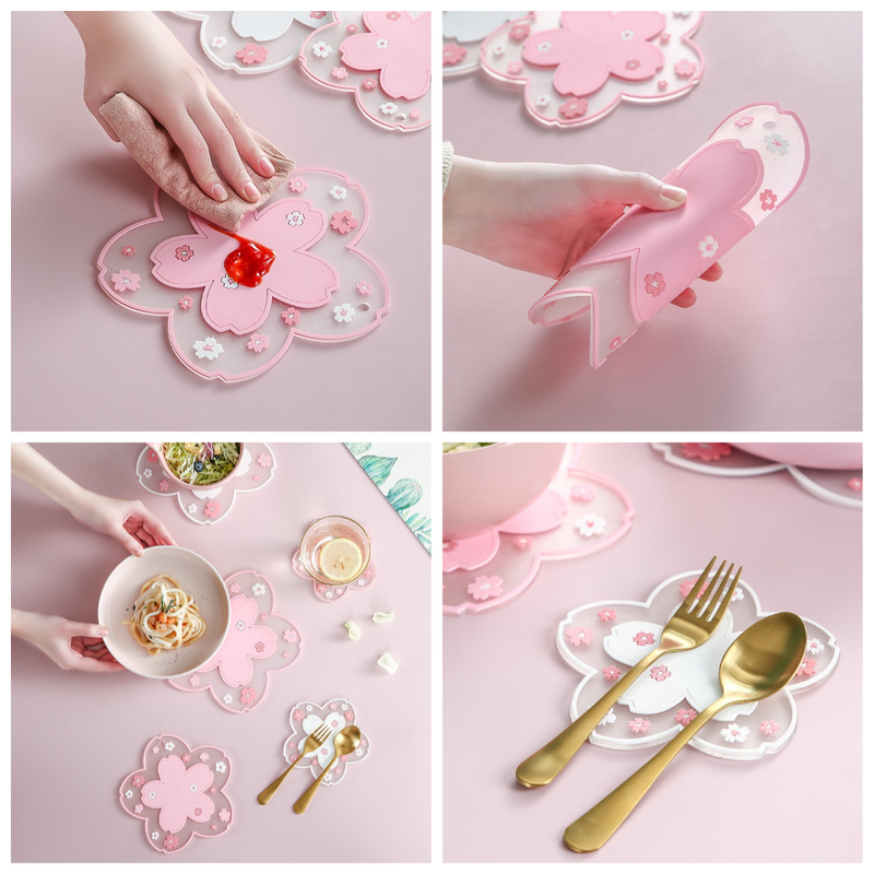 4-Pack - Sakura-Shaped PVC Heat-Resistant Coasters, Non-Slip Trivets for Bowls, Pots & Cups - White