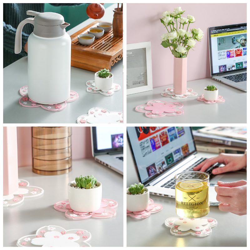4-Pack - Sakura-Shaped PVC Heat-Resistant Coasters, Non-Slip Trivets for Bowls, Pots & Cups - White
