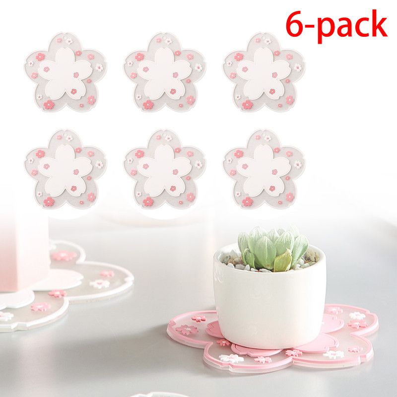 6-Pack - Sakura-Shaped PVC Heat-Resistant Coasters, Non-Slip Trivets for Bowls, Pots & Cups - White