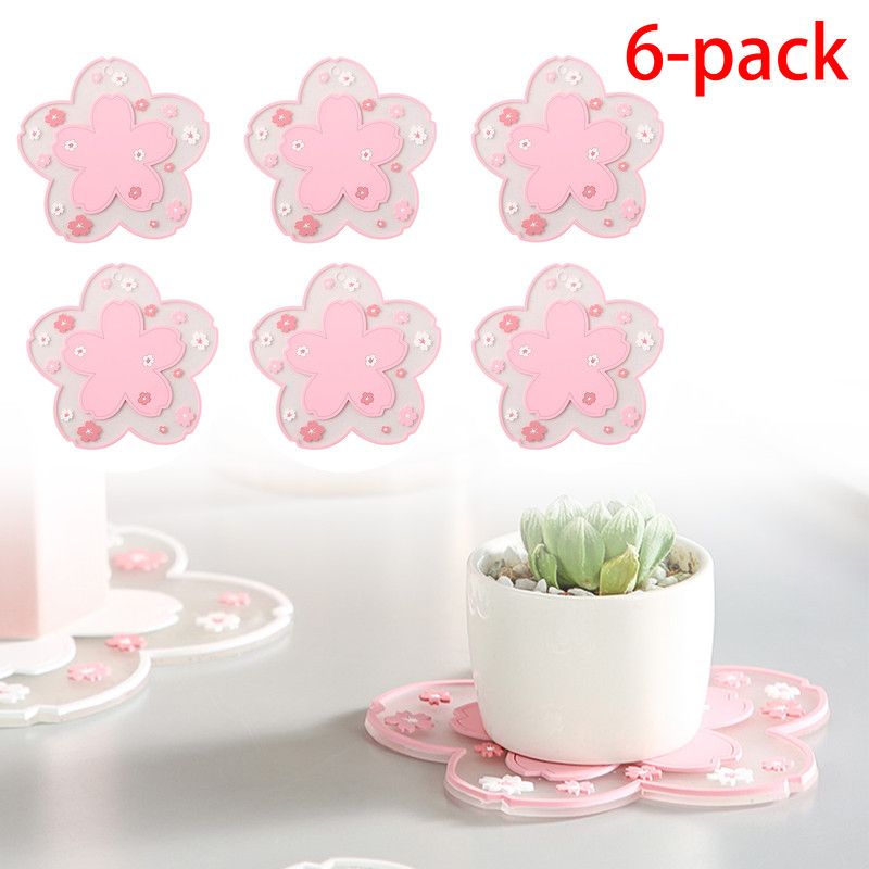 6-Pack - Sakura-Shaped PVC Heat-Resistant Coasters, Non-Slip Trivets for Bowls, Pots & Cups - Pink