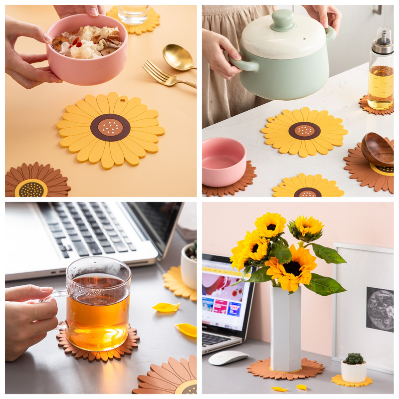 4-Pack - Sunflower-Shaped PVC Heat-Resistant Placemat, Non-Slip Trivet for Bowls, Pots & Cups - Yellow