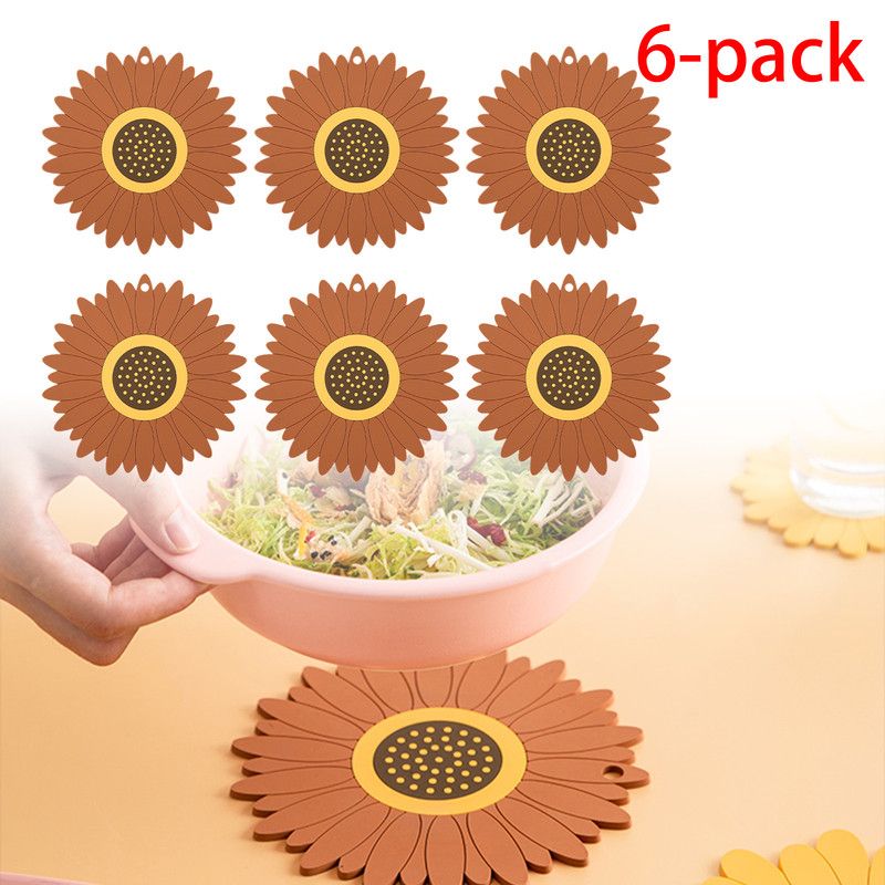 6-Pack - Sunflower-Shaped PVC Heat-Resistant Placemat, Non-Slip Trivet for Bowls, Pots & Cups - Brown