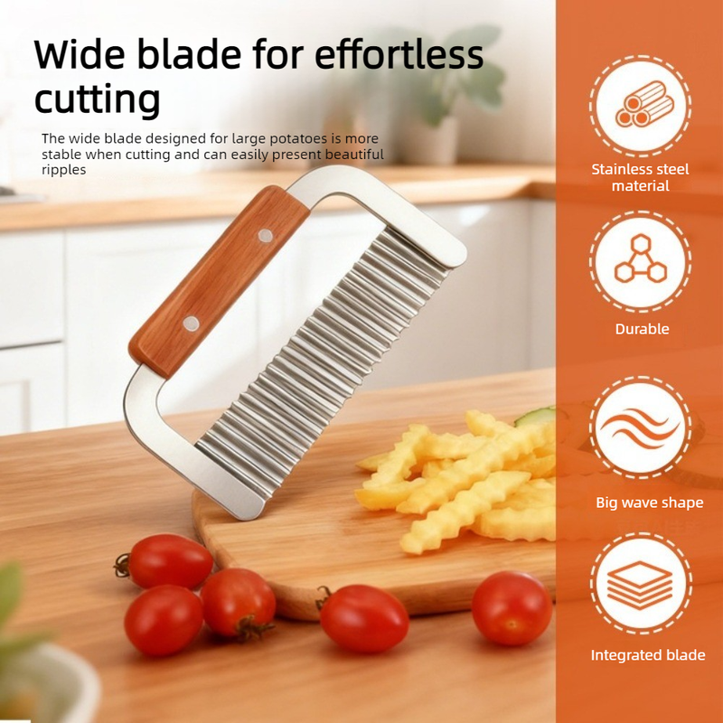 1 piece - Stainless Steel Wavy Potato Cutter with Wooden Handle, Crinkle-Cut French Fry Slicer, Multi-Purpose Vegetable Chopper