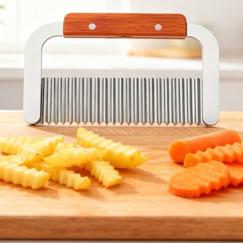 1 piece - Stainless Steel Wavy Potato Cutter with Wooden Handle, Crinkle-Cut French Fry Slicer, Multi-Purpose Vegetable Chopper
