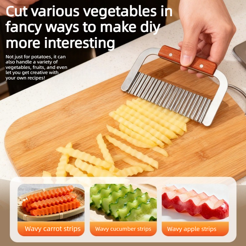 2 pieces - Stainless Steel Wavy Potato Cutter with Wooden Handle, Crinkle-Cut French Fry Slicer, Multi-Purpose Vegetable Chopper