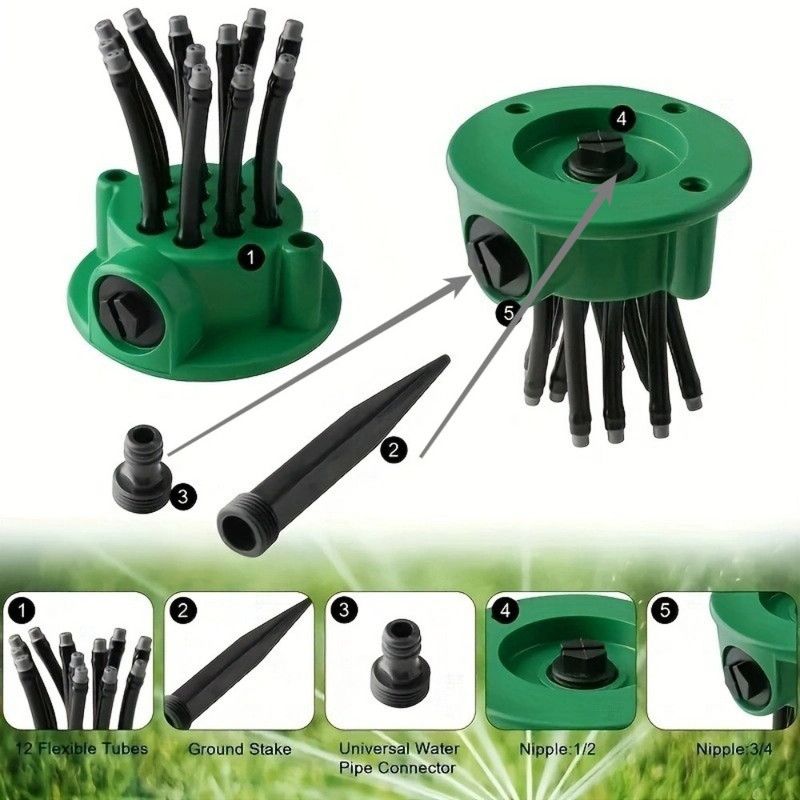 360 Degree Adjustable 12-Tube Ground Stake Sprinkler, Automatic Garden Lawn Irrigation Water Sprayer Head