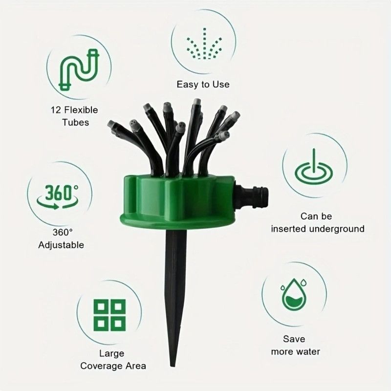 360 Degree Adjustable 12-Tube Ground Stake Sprinkler, Automatic Garden Lawn Irrigation Water Sprayer Head