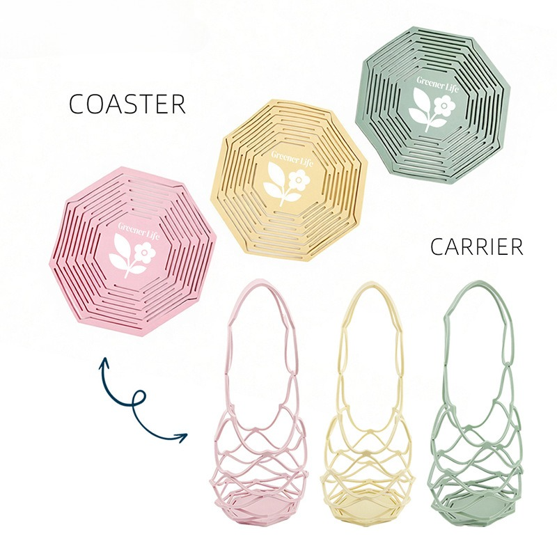 2-in-1 Transformable Silicone Coaster Carrier, Foldable Reusable Wine, Milk Tea, and Beverage Carry Bag & Heat Mat Gift - Pink