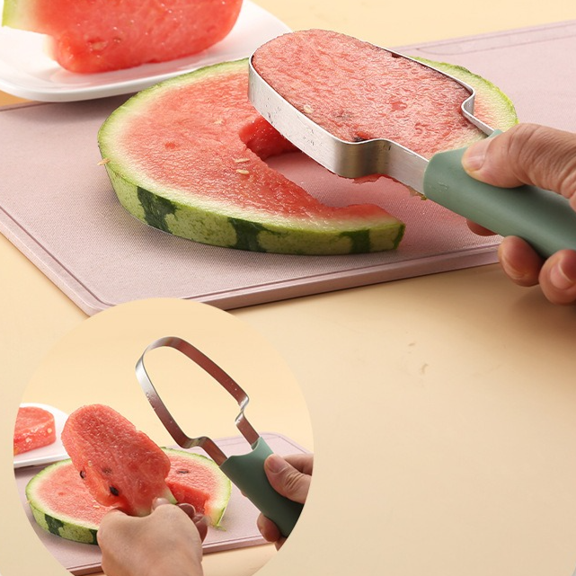 3-in-1 Stainless Steel Watermelon Cutter Set, Multi-Function Melon Slicer, Scoop, and Fork Kitchen Tool—Green