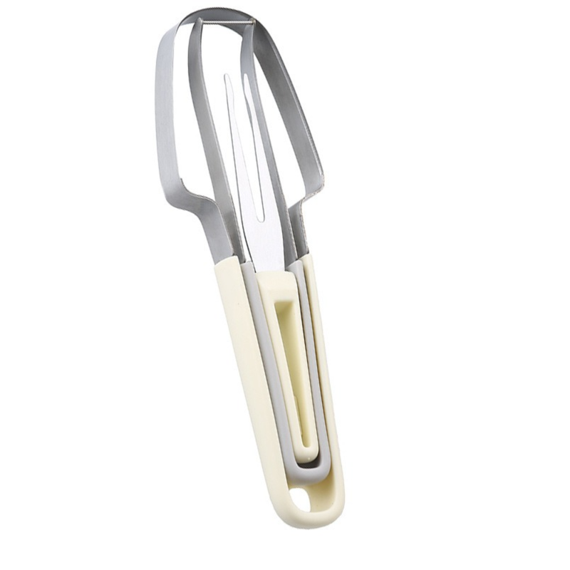 3-in-1 Stainless Steel Watermelon Cutter Set, Multi-Function Melon Slicer, Scoop, and Fork Kitchen Tool—Off-White
