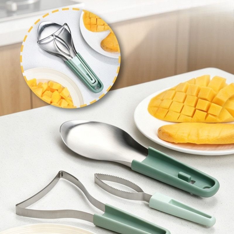 Stainless Steel Mango Cutter 3-Piece Set, Multi-Function Mango Core Remover & Dicer Kitchen Tool—Orange
