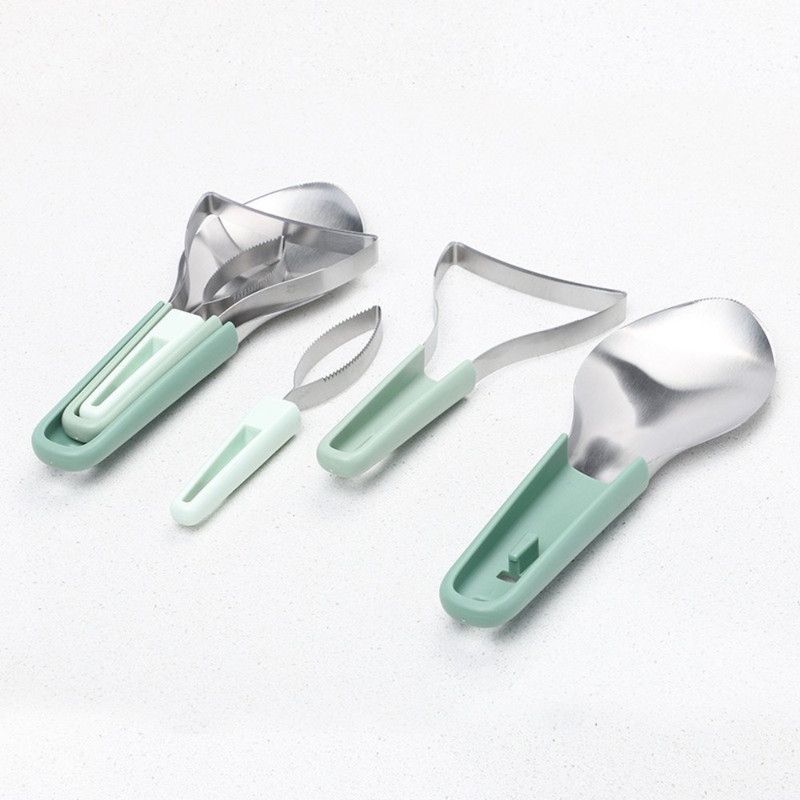 Stainless Steel Mango Cutter 3-Piece Set, Multi-Function Mango Core Remover & Dicer Kitchen Tool—Green