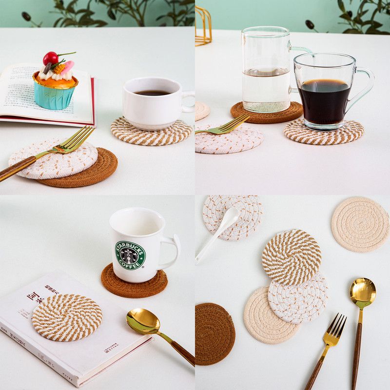 INS Style Round Cotton Woven Heat-Resistant Coasters, 8-Piece Set of Thick Table and Pot Mats with Free Iron Storage Rack - Pink