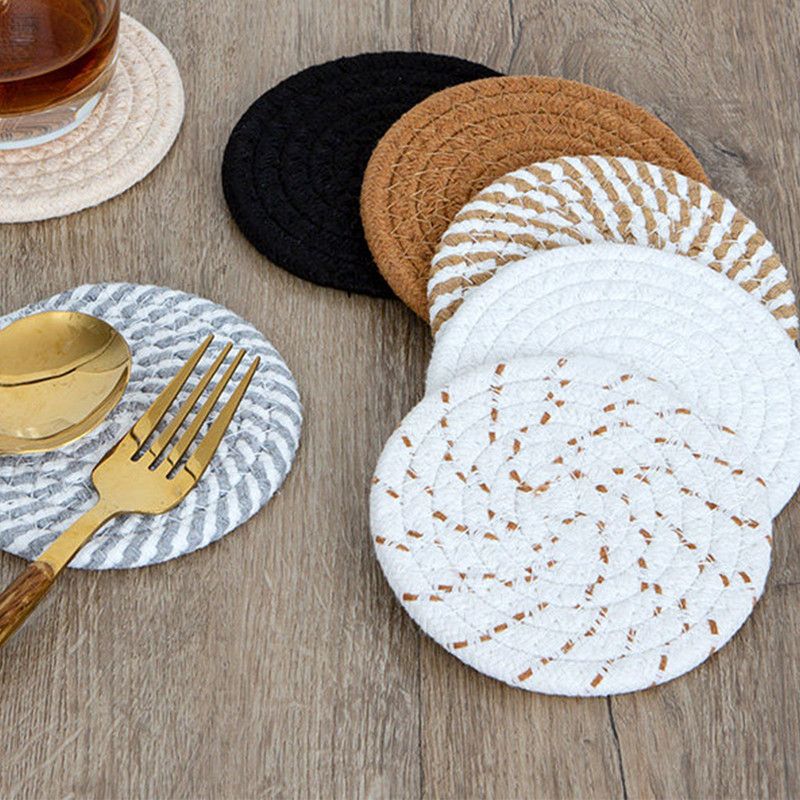 INS Style Round Cotton Woven Heat-Resistant Coasters, 8-Piece Set of Thick Table Pot Mats with Free Iron Storage Rack—Gray-Brown