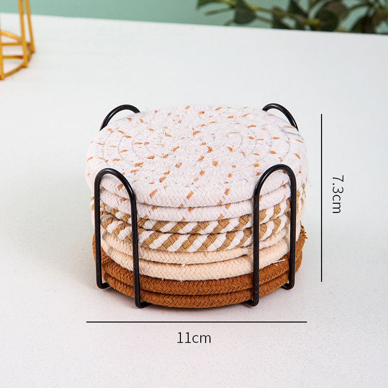 INS Style Round Cotton Woven Heat-Resistant Coasters, 8-Piece Set of Thick Table and Pot Mats with Free Iron Storage Rack - Striped