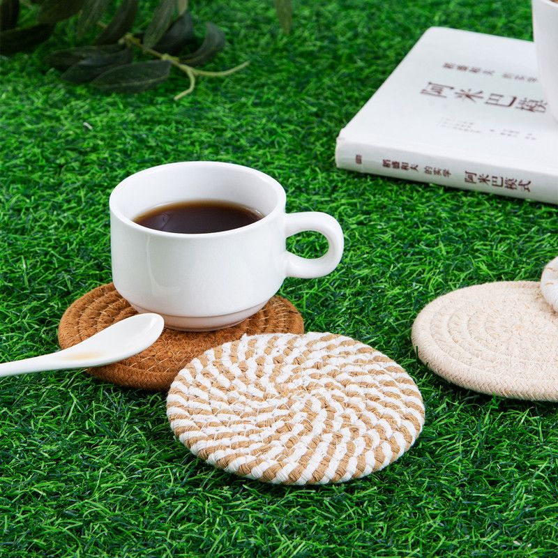 INS Style Round Cotton Woven Heat-Resistant Coasters, 8-Piece Set of Thick Table and Pot Mats with Free Iron Storage Rack - Striped