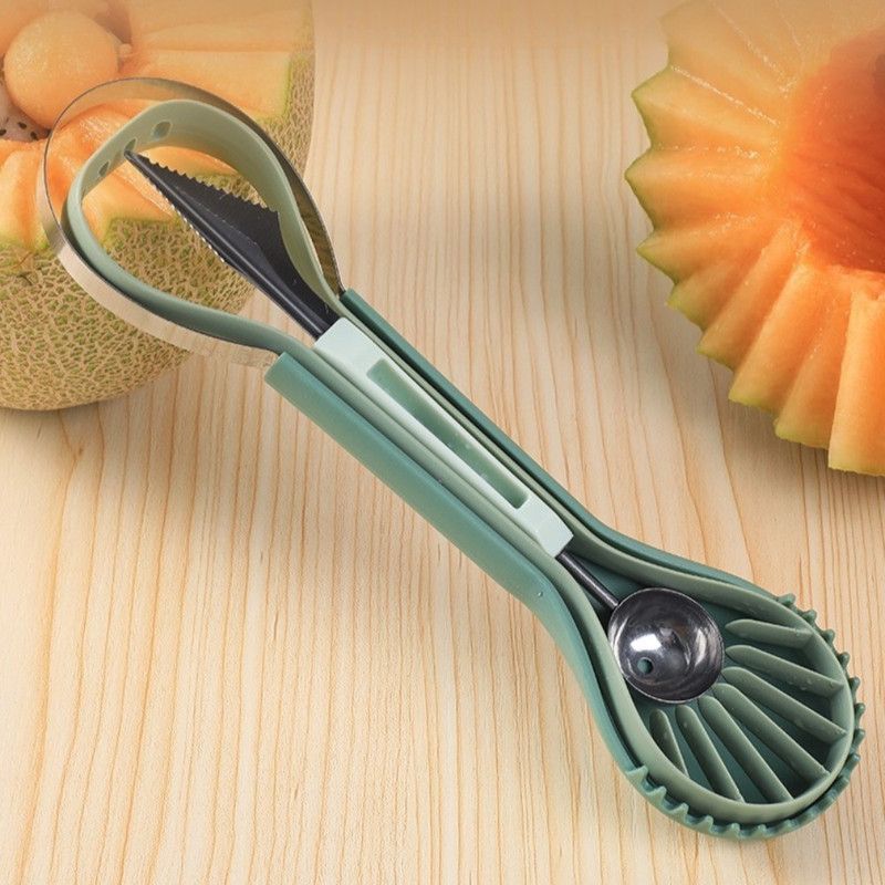 6-in-1 Multi-Fruit Tool 3-Piece Set, Stainless Steel Melon Baller and Carving Scoop for Watermelon and Cantaloupe Platters—Blue