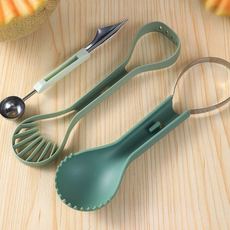 6-in-1 Multi-Fruit Tool 3-Piece Set, Stainless Steel Melon Baller and Carving Scoop for Watermelon and Cantaloupe Platters—Green