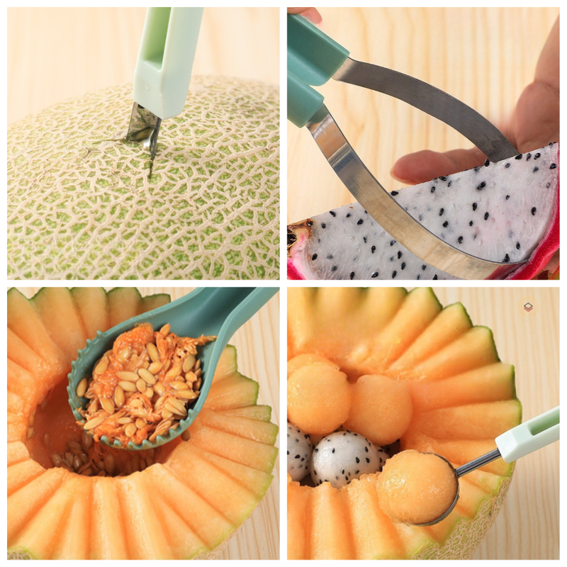 6-in-1 Multi-Fruit Tool 3-Piece Set, Stainless Steel Melon Baller and Carving Scoop for Watermelon and Cantaloupe Platters—Green