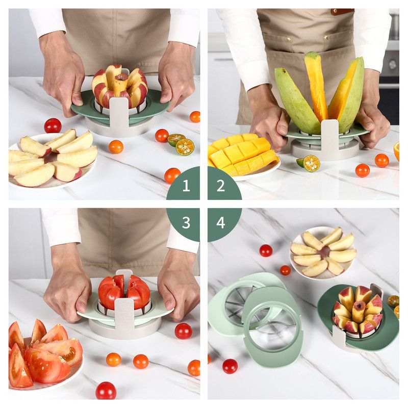 3-in-1 Multi-Fruit Slicer Set, Apple, Mango, and Tomato Cutter, Stackable Vegetable Cutting Kitchen Tool—Green