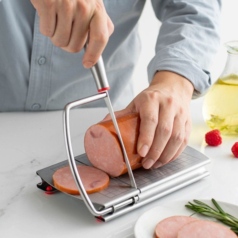Stainless Steel Cheese Slicer with Measuring Scale, Non-Slip Manual Cutter for Ham Butter Bread Fruit Vegetable